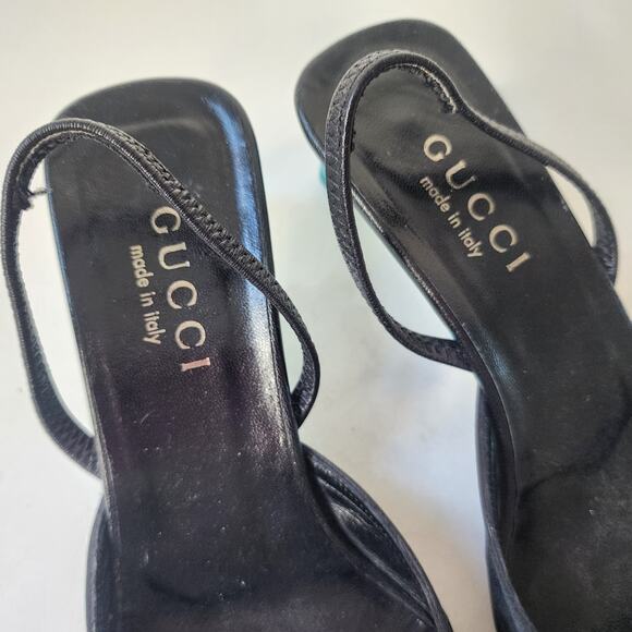 Gucci Vintage 1999 Tom Ford Black Satin Blue Feather Heels 7B - Picture 3 of 10